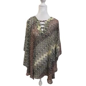 Catherines tribal aztec animal print mesh blouse lightweight kimono sleeve 0X